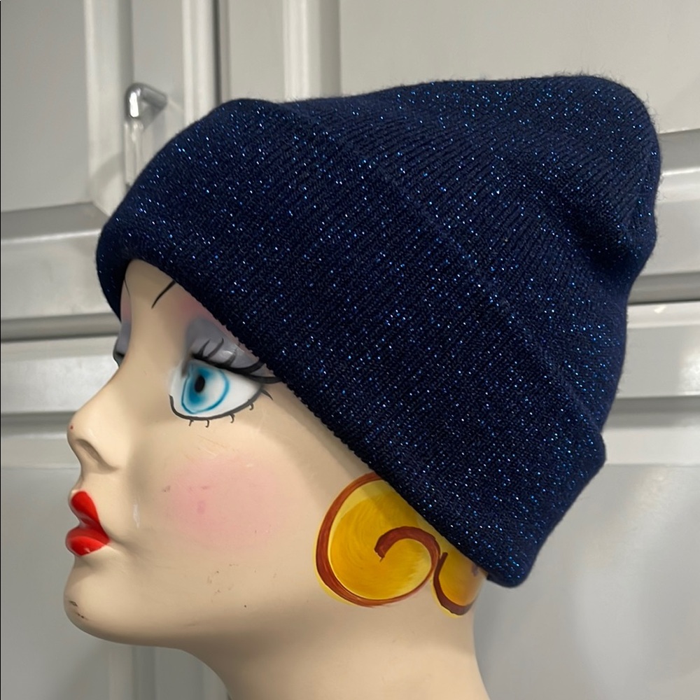 Navy Blue Sparkly Metallic Soft Beanie Winter Cap, Elegant Stretchy Beanie OS